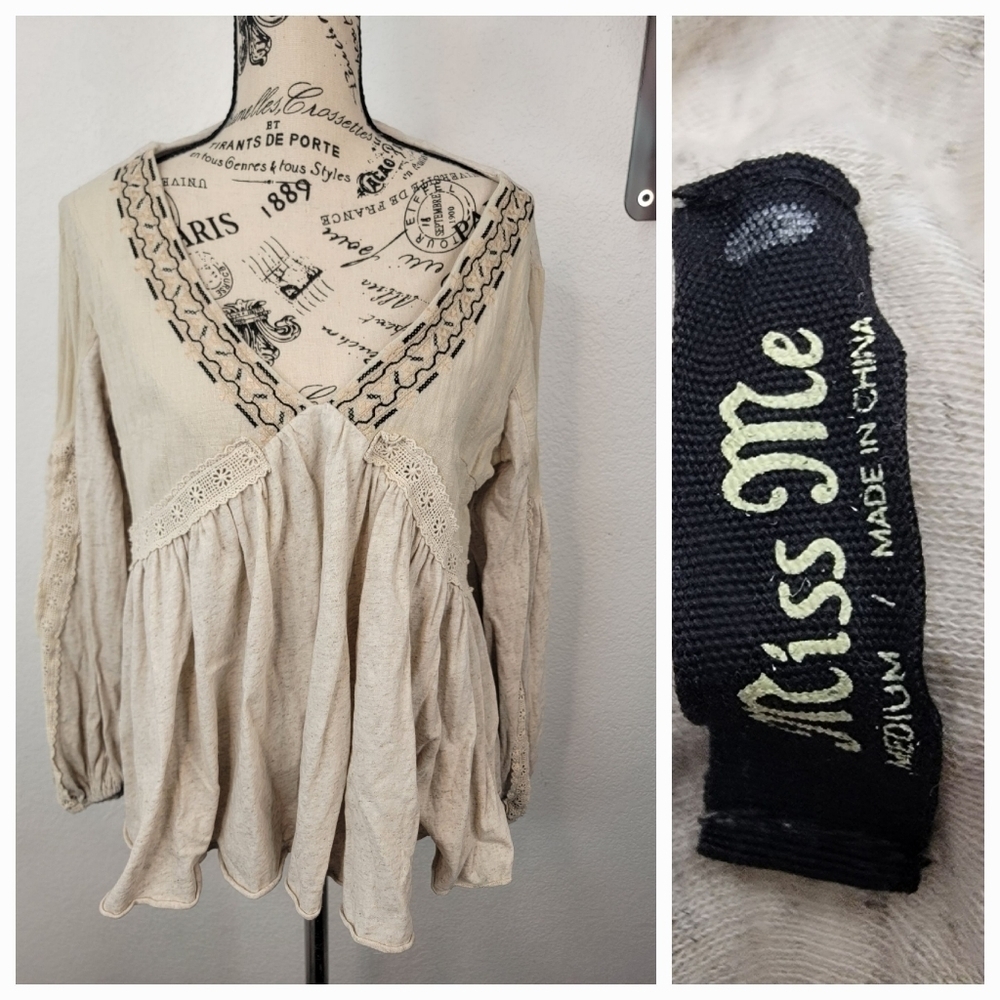 Miss Me Babydoll Top M Crochet Balloon Sleeve Boho Beachy Cottage Indie Sleaze